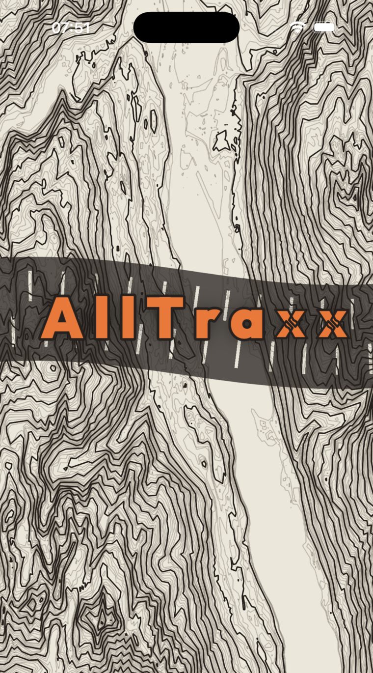 AllTraxx splash logo landing over a topo map